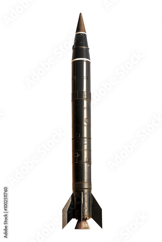 Guided missile rocket which could carry a ballistic tactical nuclear warhead png file cut out and isolated on a transparent background, military weapon stock illustration image photo