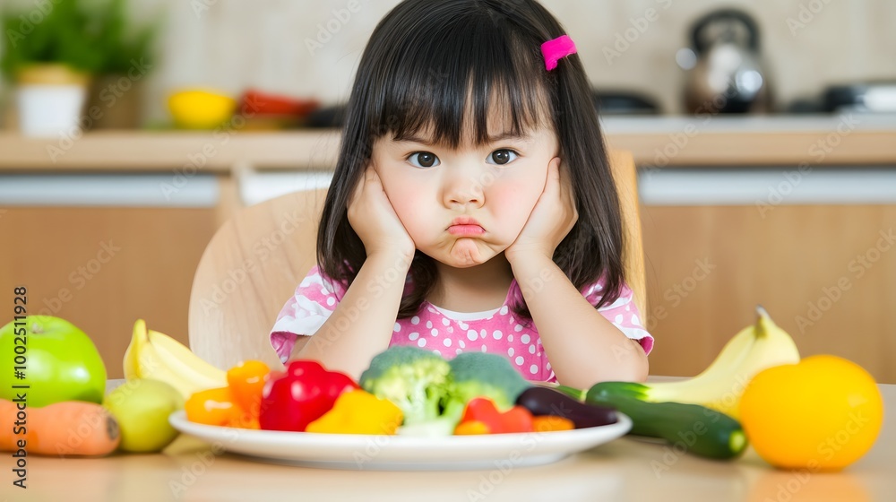 Child sitting at table frowning at plate of food, surrounded by untouched vegetables and fruits, showing reluctance and hesitation, representing the concept of picky eating. Child sitting at table frowning at plate of food, surrounded by untouched vegetables and fruits, showing reluctance and hesitation, representing the concept of picky eating.