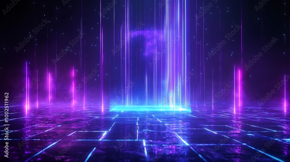 Futuristic neon light beams creating a vibrant atmosphere in a digital space.