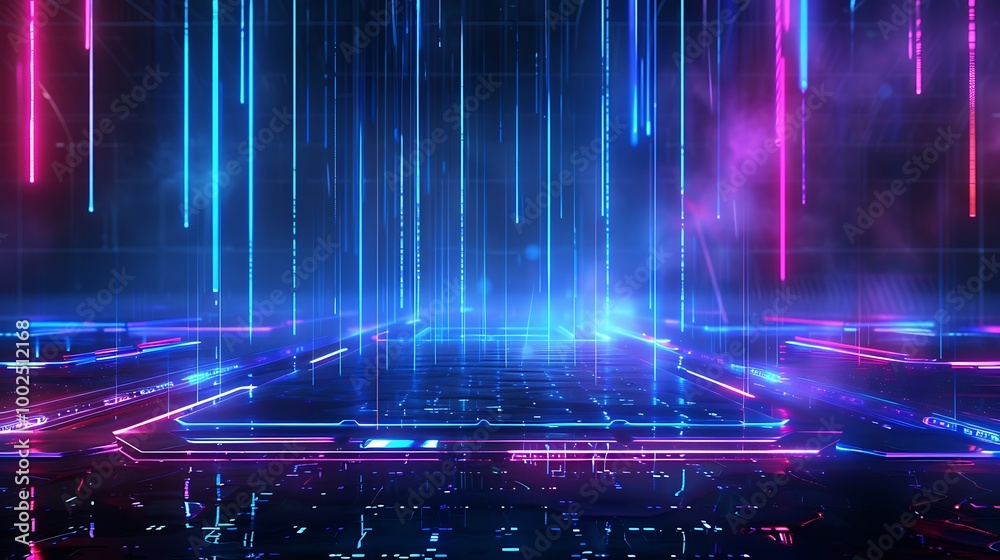 Futuristic neon light beams illuminate a digital landscape, creating a vibrant and immersive atmosphere. Futuristic neon light beams illuminate a digital landscape, creating a vibrant and immersive atmosphere.