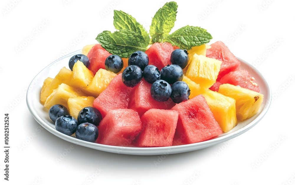 A vibrant fruit salad, filled with watermelon, pineapple, blueberries, and mint leaves on a ceramic plate A vibrant fruit salad, filled with watermelon, pineapple, blueberries, and mint leaves on a ceramic plate