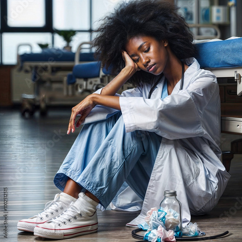 Overworked, burnt out, depressed and tired black woman nurse sits on hospital floor.