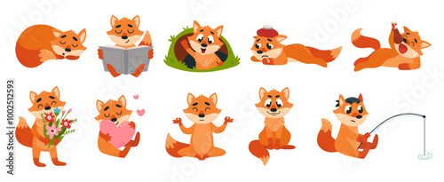 Red fox characters. Wild foxes sleeping eating looking from hole and meditation. Forest cute animals various actions, children mascor classy vector set