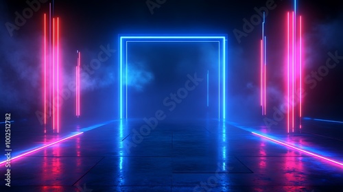 Futuristic neon light entrance with glowing lines and misty atmosphere creating a vibrant, dynamic scene.