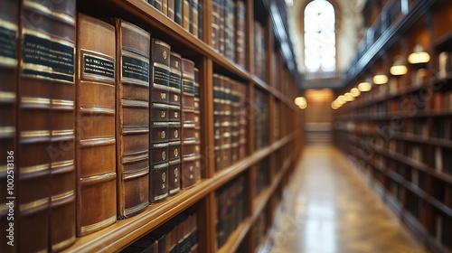 law office library with rows of legal books and references arranged on bookshelves, providing essential resources for legal professionals