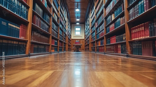 law office library with rows of legal books and references arranged on bookshelves, providing essential resources for legal professionals photo