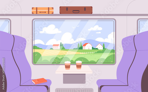 Passenger train window. Railway journey in cozy modern carriage with chairs and coffee table. Vacation in village, view on houses and valley racy vector scene