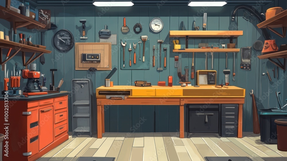 A well-organized workshop with a workbench and shelves full of tools and equipment A well-organized workshop with a workbench and shelves full of tools and equipment
