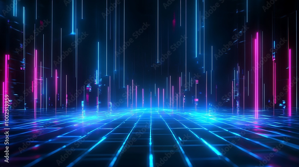 Futuristic neon lights create a mesmerizing digital landscape in vibrant blue and pink colors against a dark background. Futuristic neon lights create a mesmerizing digital landscape in vibrant blue and pink colors against a dark background.