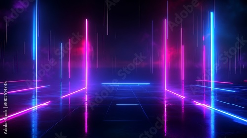 Futuristic neon lights create a vibrant atmosphere with glowing columns on a dark background, perfect for modern designs.