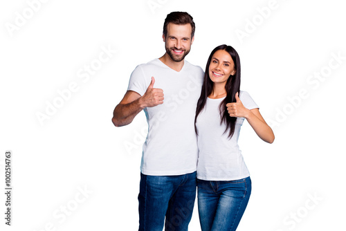 Photo of cute marriage pair raising thumbs up wear casual outfit isolated blue background photo