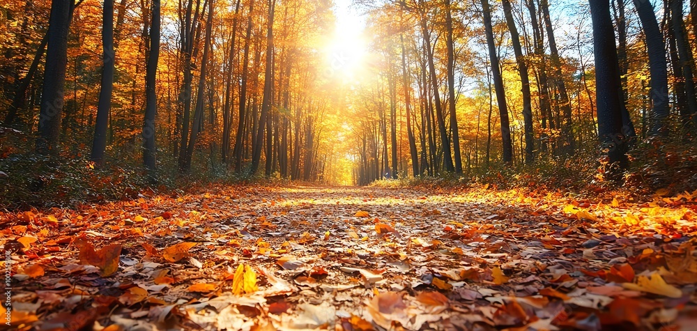 Obraz premium Autumn path in forest with leaves