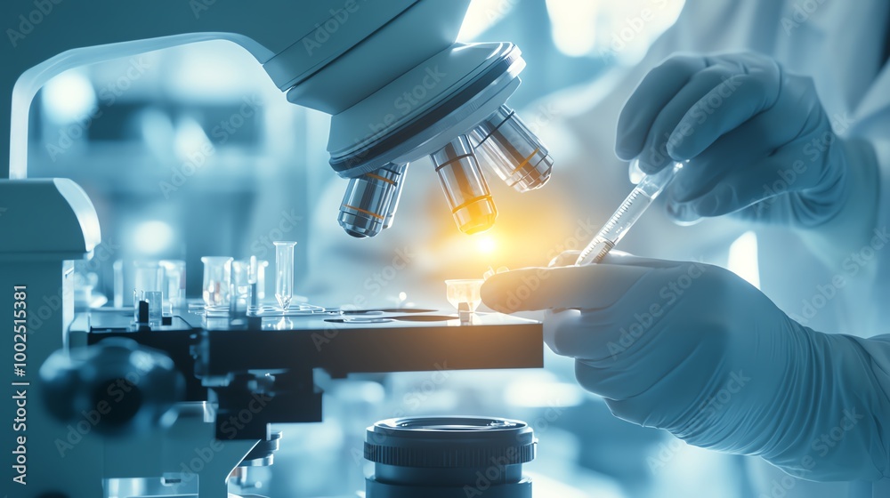 Scientist examining red liquid under microscope Scientist examining red liquid under microscope