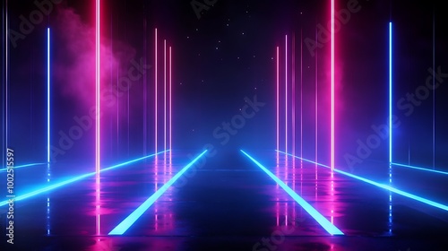 Futuristic neon lights create an immersive digital space with vibrant reflections and atmospheric fog.