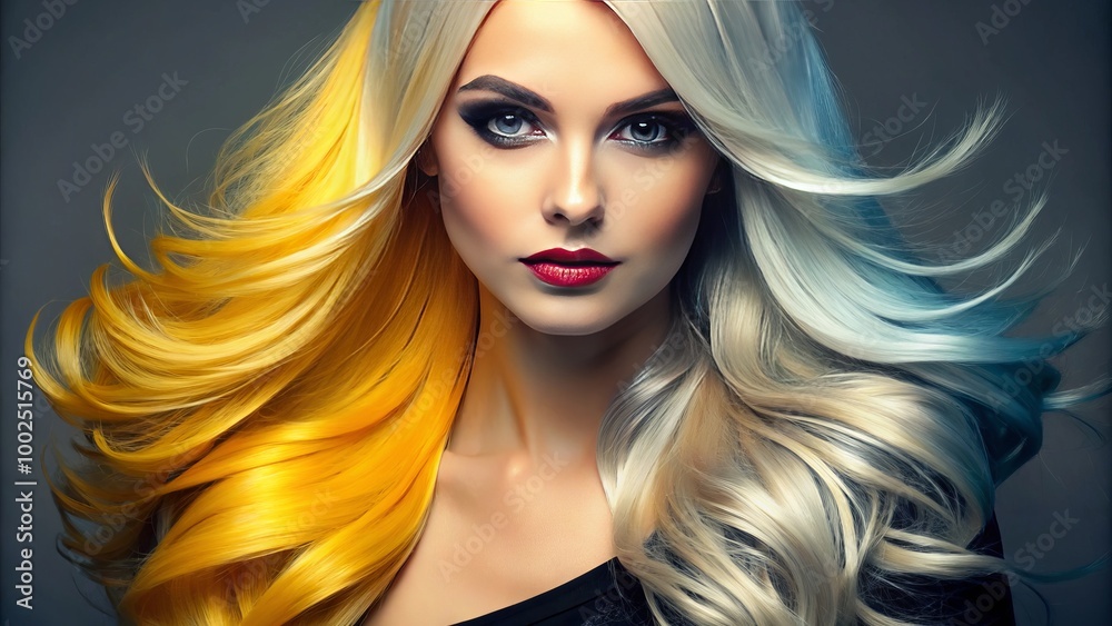 Fototapeta premium Half black and blonde hair creates a striking visual contrast, offering bold styling inspiration and unique hair