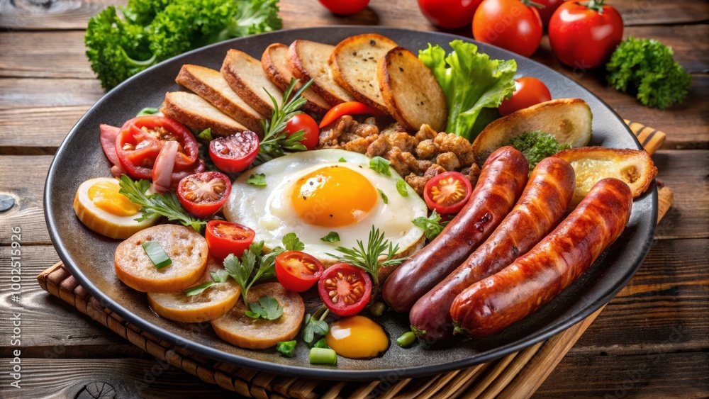 Savor a hearty breakfast platter featuring fried eggs, savory sausages, fermented pork, fresh vegetables, and a Savor a hearty breakfast platter featuring fried eggs, savory sausages, fermented pork, fresh vegetables, and a