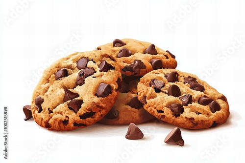 Delicious fresh chocolate chip cookies with crispy edges on a white background new beautiful stock image illustration AI