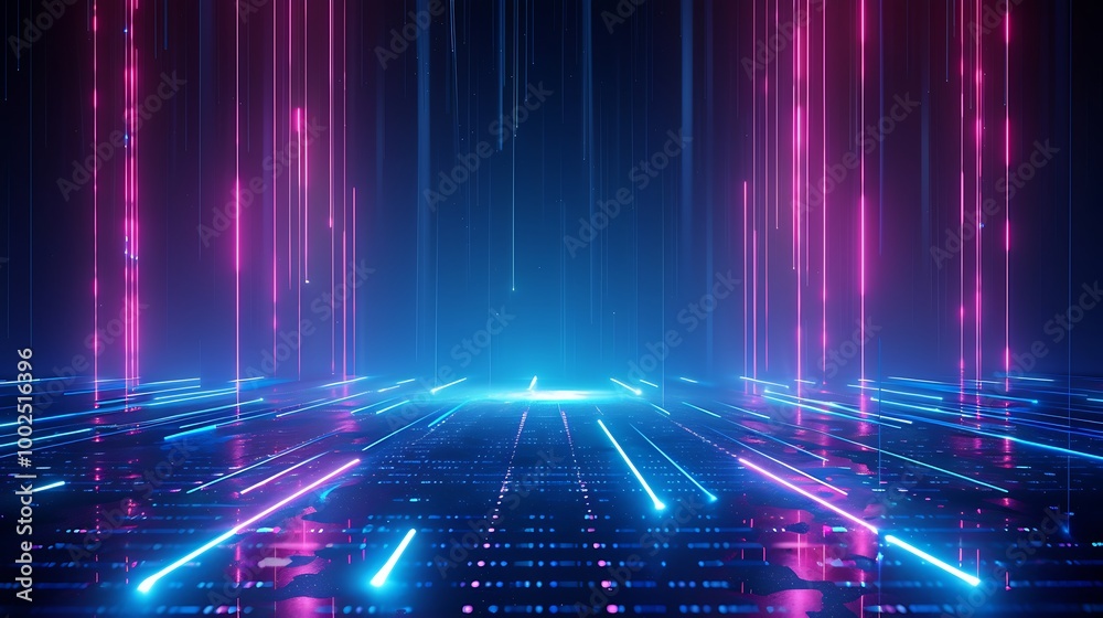 Futuristic neon lights creating a vibrant digital landscape with glowing lines and beams, perfect for tech-themed designs. Futuristic neon lights creating a vibrant digital landscape with glowing lines and beams, perfect for tech-themed designs.
