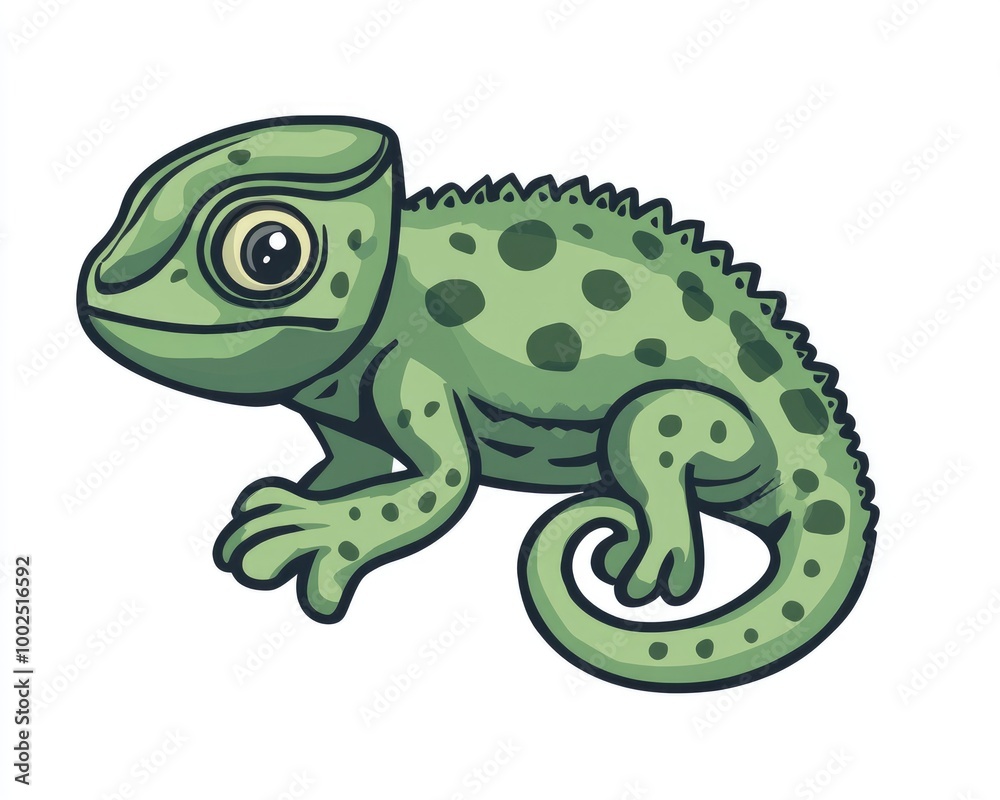 Fototapeta premium Cute chameleon character icon in a hand drawn style Green 2D cartoon illustration on a white background