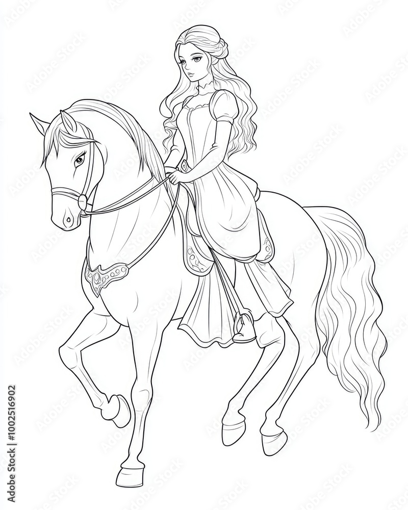 Fototapeta premium Adorable princess riding a white horse outlined illustration ideal for a coloring book set against a blank background