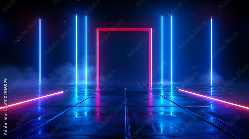 Futuristic neon lights forming a doorway on a reflective surface, creating an immersive atmosphere. Futuristic neon lights forming a doorway on a reflective surface, creating an immersive atmosphere.