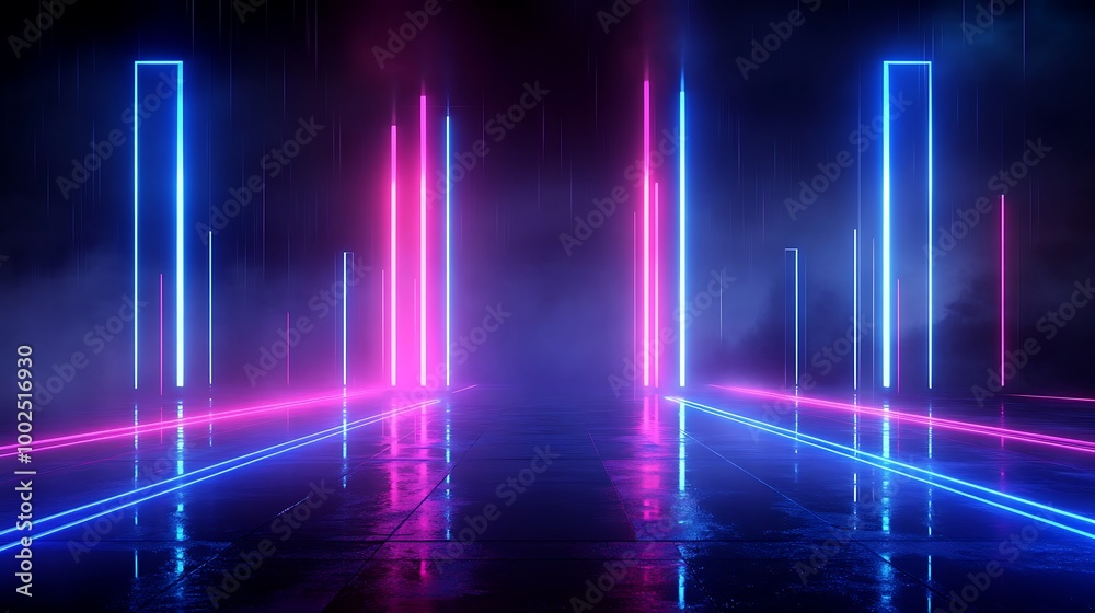 Futuristic neon lights forming a pathway in a dark, misty environment, creating a vibrant and surreal atmosphere. Futuristic neon lights forming a pathway in a dark, misty environment, creating a vibrant and surreal atmosphere.