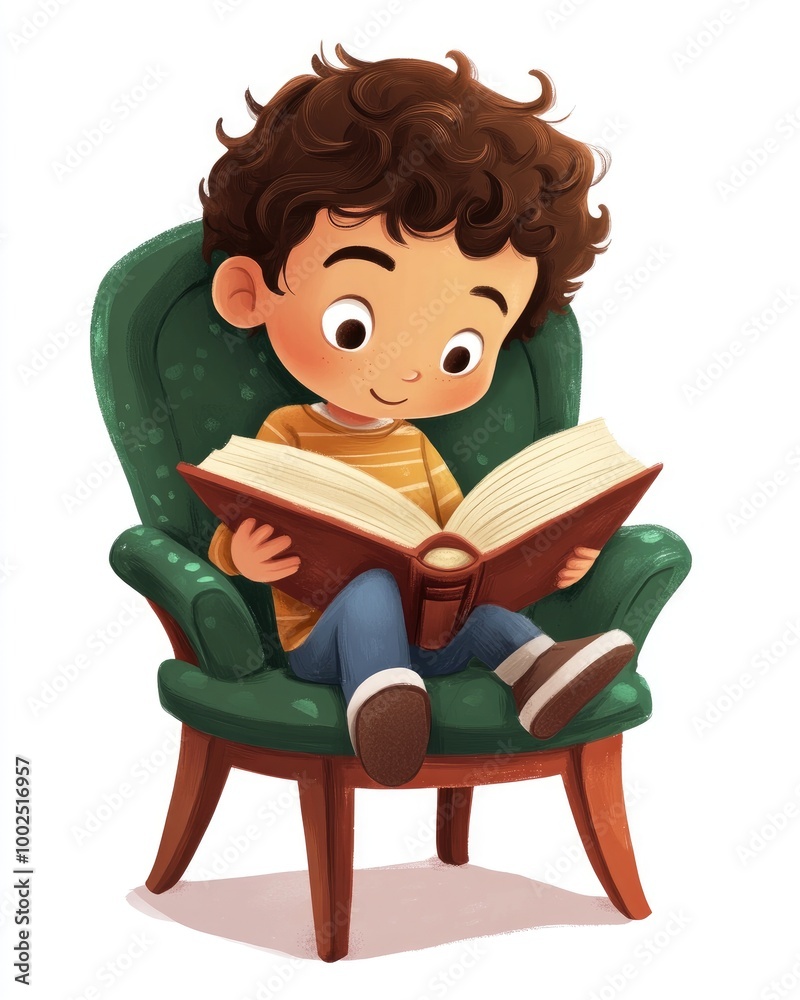 Adorable boy character sitting on a chair engrossed in an open book depicted in a vibrant 2D cartoon style Adorable boy character sitting on a chair engrossed in an open book depicted in a vibrant 2D cartoon style