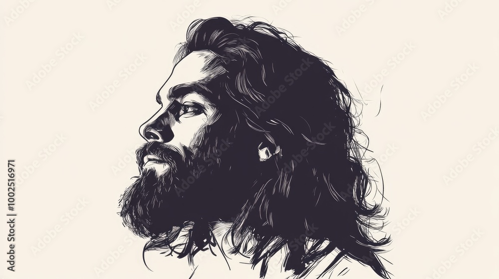 Sketch style silhouette of a bearded man with long hair on a white background Illustration in a 2D cartoon style Sketch style silhouette of a bearded man with long hair on a white background Illustration in a 2D cartoon style