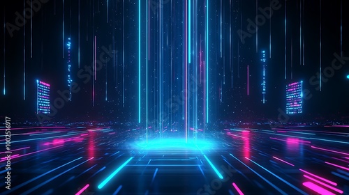 Futuristic neon lights form a digital portal with vibrant colors, creating a mesmerizing tech-inspired ambiance.