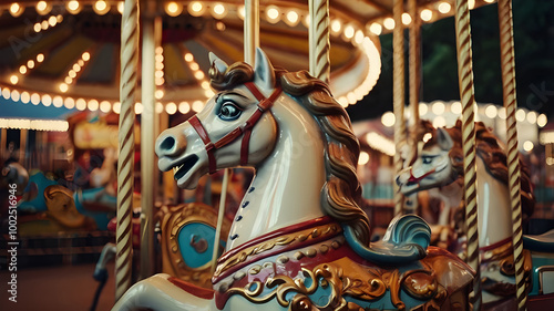 Merry go round. Carousel amusement park. Vintage tone image of antique carousel in Theme park on night.