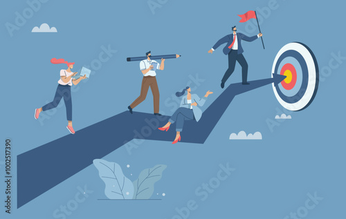 Business team working together to achieve goal, Leadership driving team success, Setting the highest goals for business development, Leader holding flag to the success of the organization.