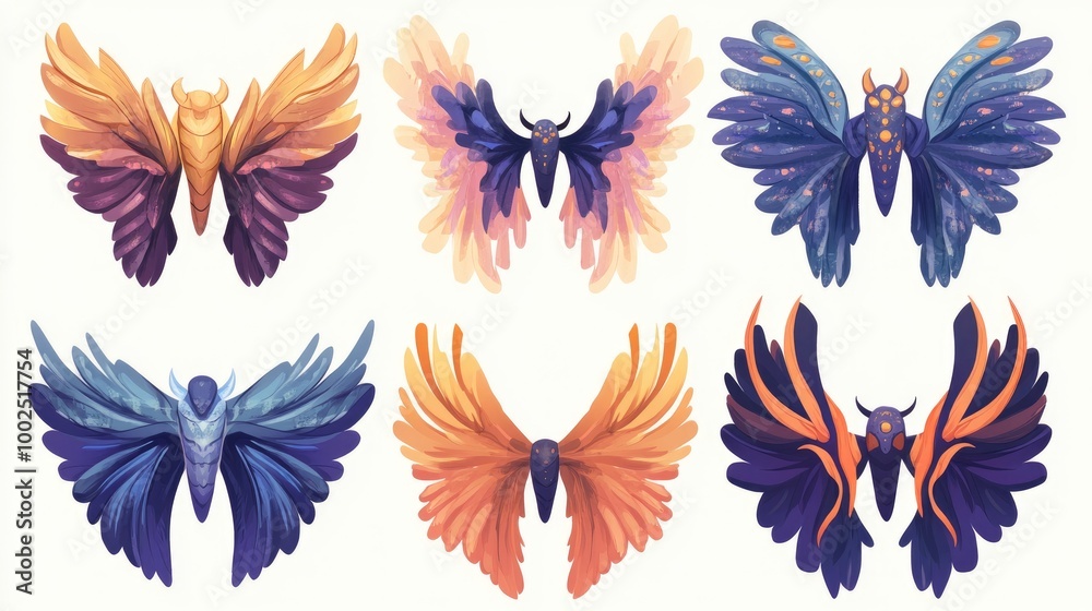 Colorful cartoon wings of fantasy creatures and animals featuring unique designs Isolated 2D illustration showcasing whimsical wing pairs Colorful cartoon wings of fantasy creatures and animals featuring unique designs Isolated 2D illustration showcasing whimsical wing pairs