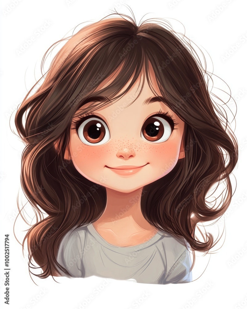 Adorable girl smiling in a 2D cartoon style on a white backdrop Adorable girl smiling in a 2D cartoon style on a white backdrop
