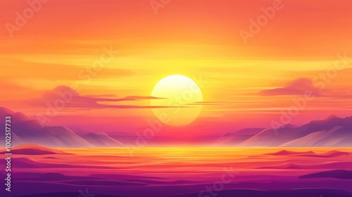 Vibrant sunrise with orange yellow and pink hues featuring a dramatic twilight landscape at dusk Cartoon style horizon showcasing sunset for seasonal backgrounds