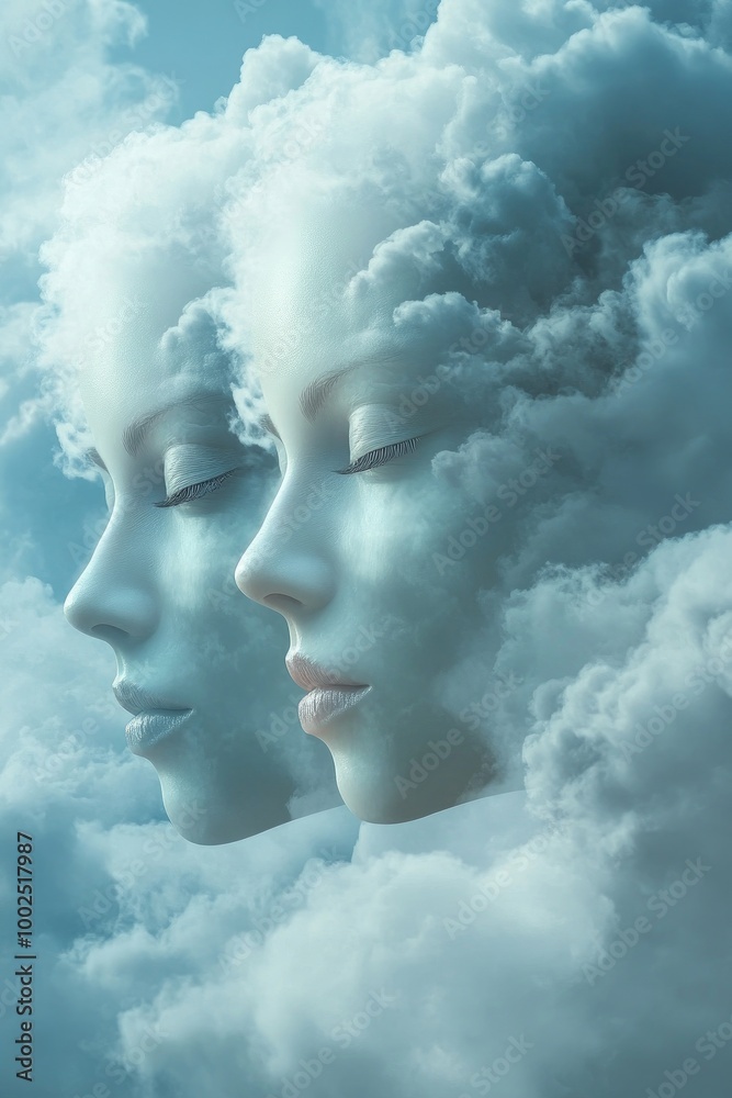 A female figure blends with clouds transforming into four masks representing different life stages childhood adolescence adulthood and old age A female figure blends with clouds transforming into four masks representing different life stages childhood adolescence adulthood and old age