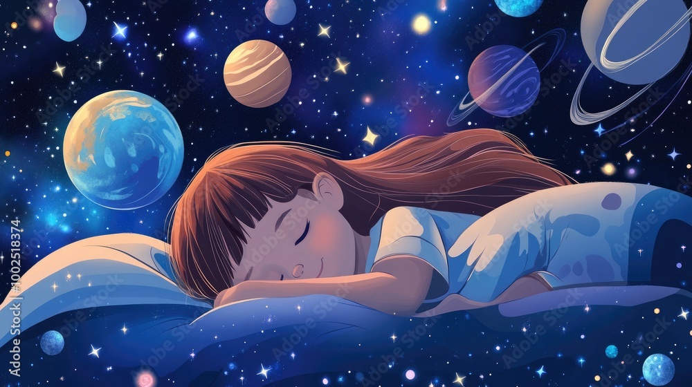 Sleeping young girl against a galaxy themed backdrop A 2D cartoon illustration of a child peacefully dreaming of planets stars and satellites while resting on a soft pillow Sleeping young girl against a galaxy themed backdrop A 2D cartoon illustration of a child peacefully dreaming of planets stars and satellites while resting on a soft pillow
