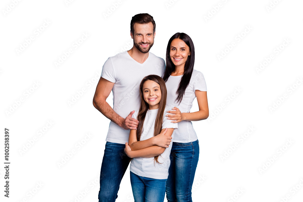 Portrait of lovely family looking with toothy smile wearing white t-shirt denim jeans isolated over blue background Portrait of lovely family looking with toothy smile wearing white t-shirt denim jeans isolated over blue background