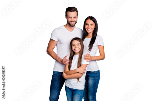 Portrait of lovely family looking with toothy smile wearing white t-shirt denim jeans isolated over blue background