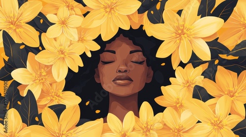 Sticker featuring a black woman surrounded by a wreath of yellow flowers Modern flat illustration suitable for poster magazine or book cover