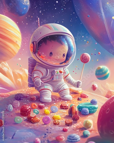 Adorable child astronaut surrounded by sweets and candies on a whimsical alien planet A festive space themed birthday celebration with a baby cosmonaut in a suit and helmet in a cartoon style photo