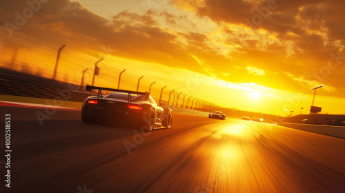 Racing cars charge down the track as the sky glows with golden hues, igniting excitement-4