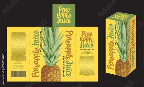 vector mockup template of cardboard packaging box for pineapple juice with realistic pattern of pineapple.