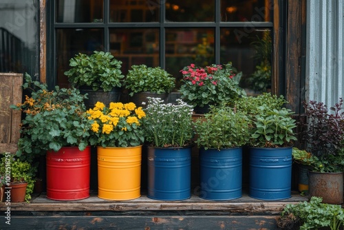 Colorful Garden with Painted Barrels and Vibrant Blooms in Rustic Setting