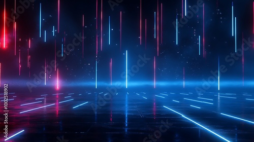 Futuristic neon lights with blue and red streaks on a dark background, creating a vibrant and dynamic atmosphere.