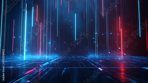 Futuristic neon lights with blue and red vertical beams creating a digital ambiance.