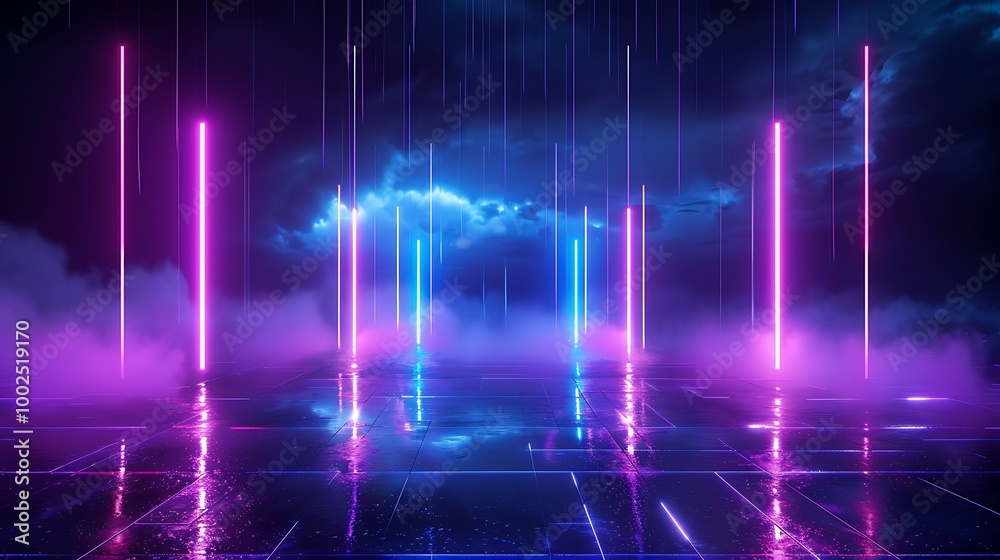 Futuristic neon lights with reflections in a misty atmosphere, creating an immersive digital experience. Futuristic neon lights with reflections in a misty atmosphere, creating an immersive digital experience.