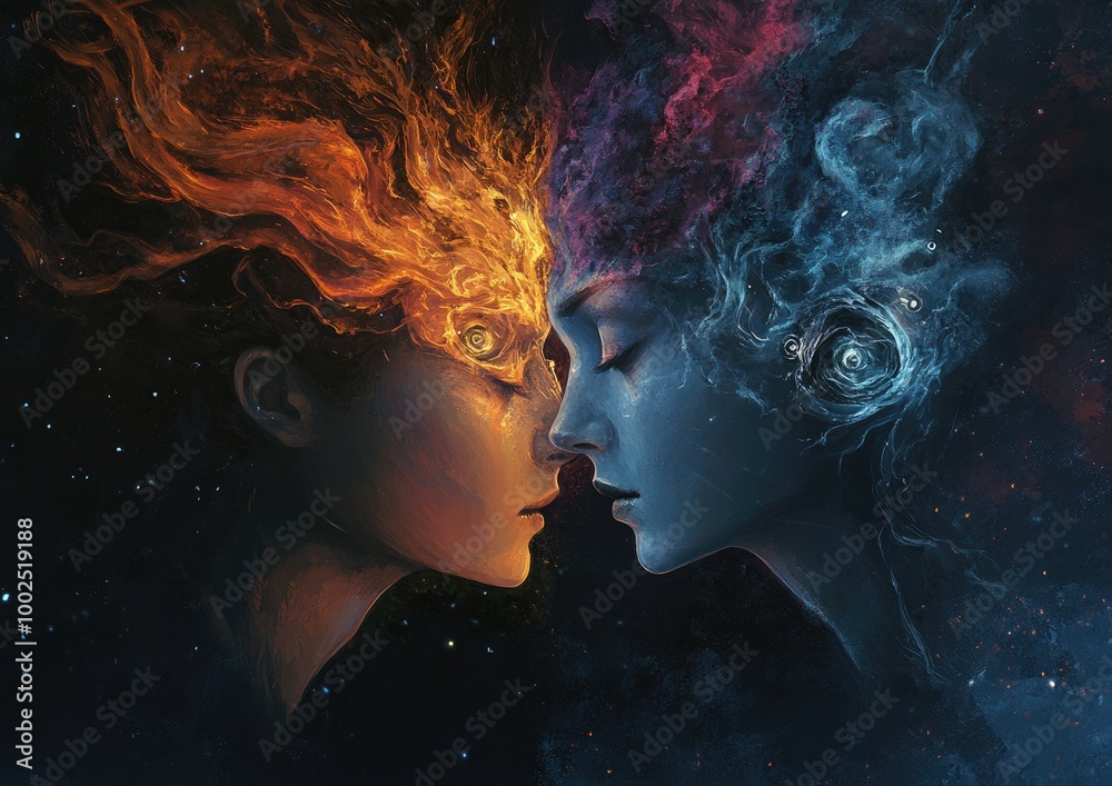 Mysterious duality represented by a celestial being showcasing the complexity of personality and the interplay of contrasting traits