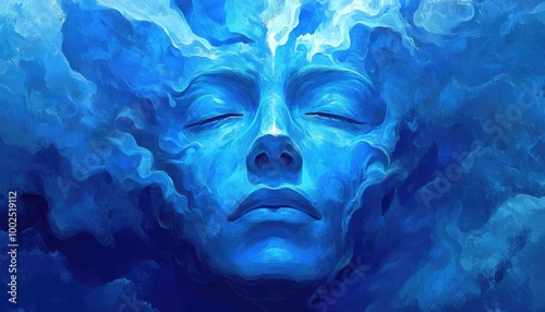 Fantasy illustration of a blue face ideal for backgrounds icons stickers and clothing designs