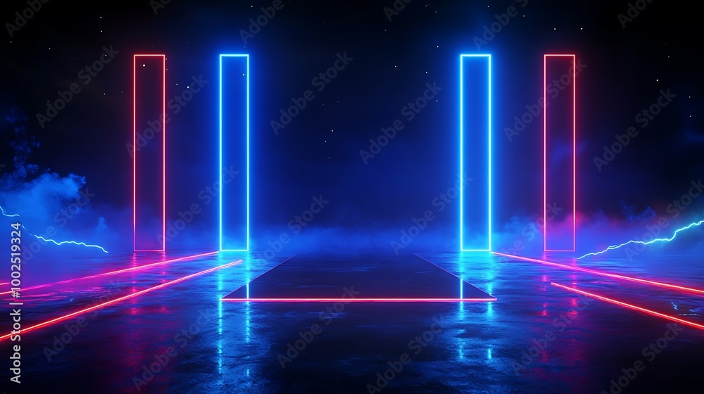 Futuristic neon lights with smoke on a reflective surface, creating a vibrant and immersive visual experience. Futuristic neon lights with smoke on a reflective surface, creating a vibrant and immersive visual experience.