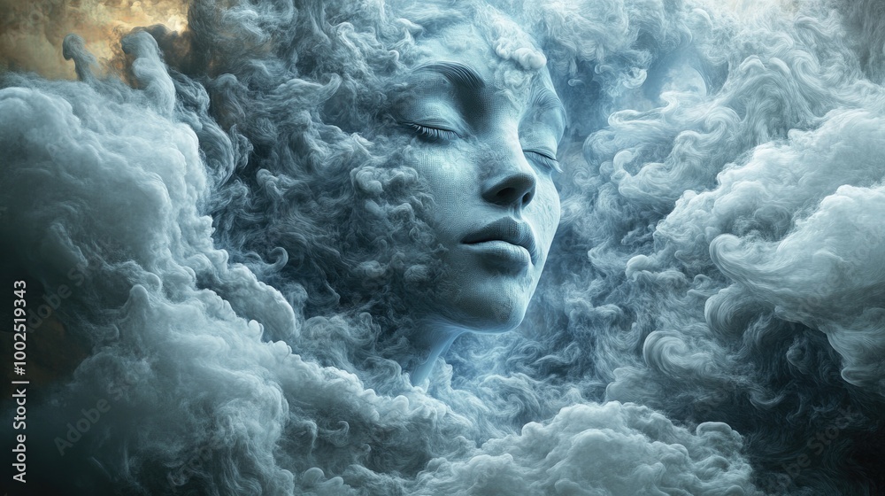 Mystical woman s visage emerging from swirling clouds in a 3D render